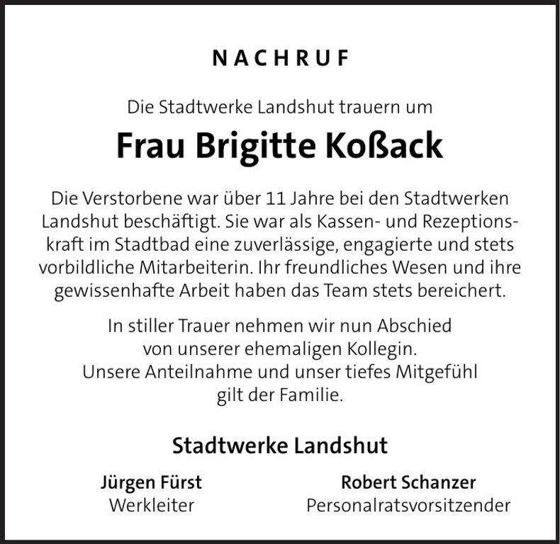 Traueranzeige Brigitte Koßack