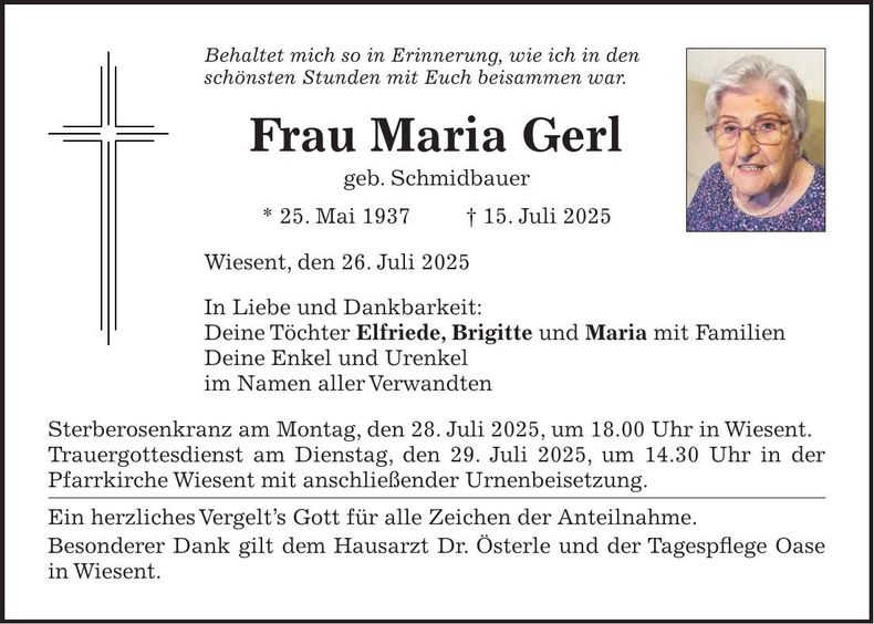 Traueranzeige Maria Gerl