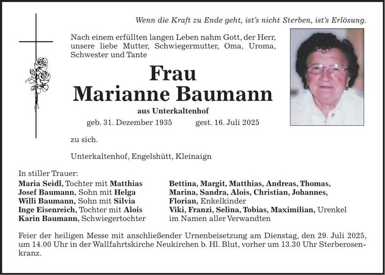 Traueranzeige Marianne Baumann