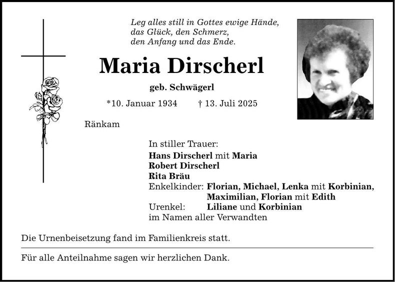 Traueranzeige Maria Dirscherl