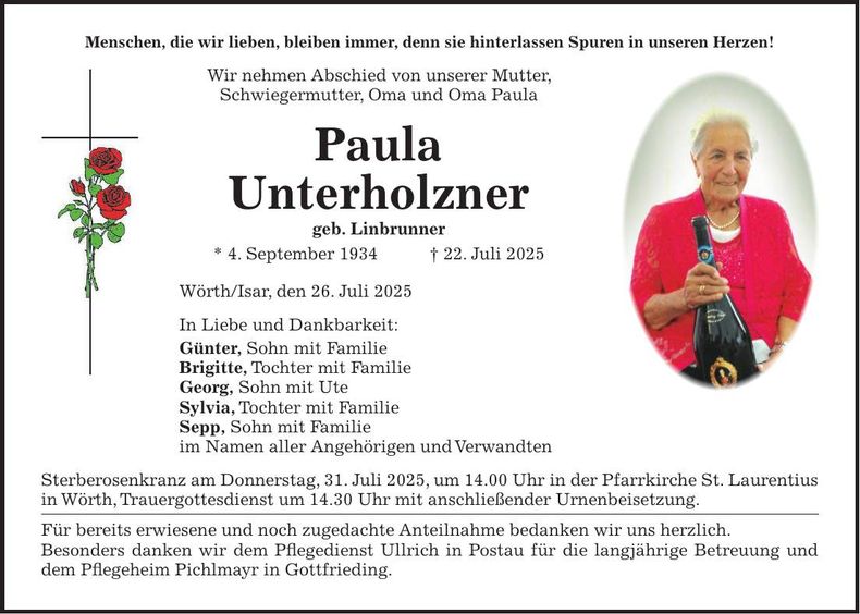 Traueranzeige Paula Unterholzner