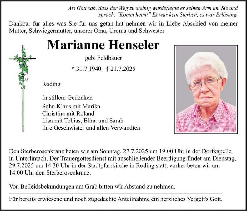 Traueranzeige Marianne Henseler