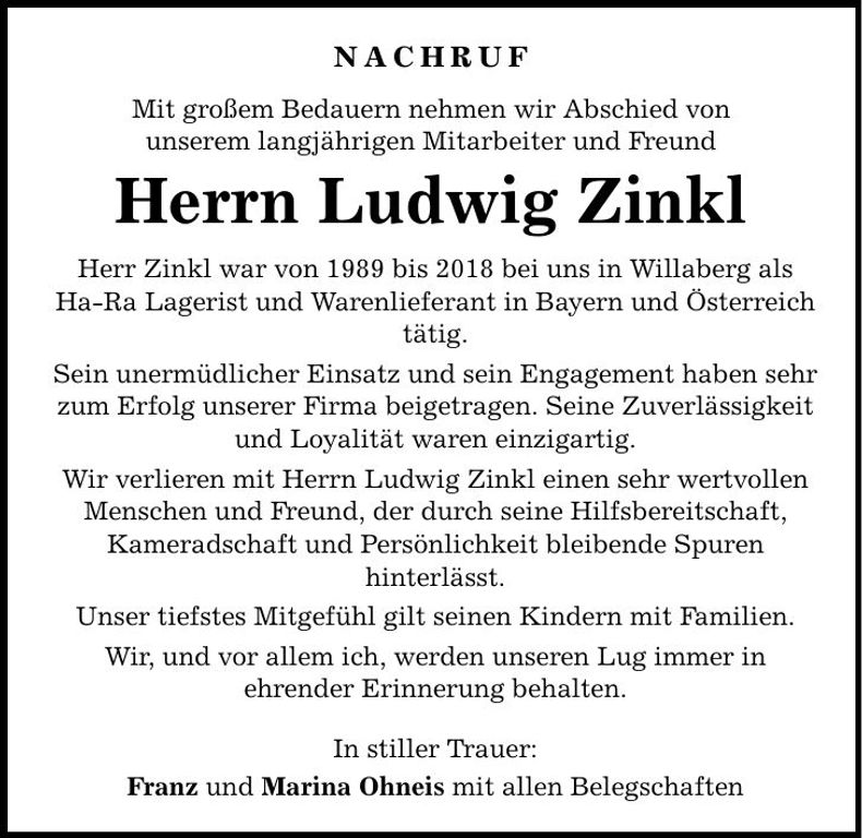 Traueranzeige Ludwig Zinkl