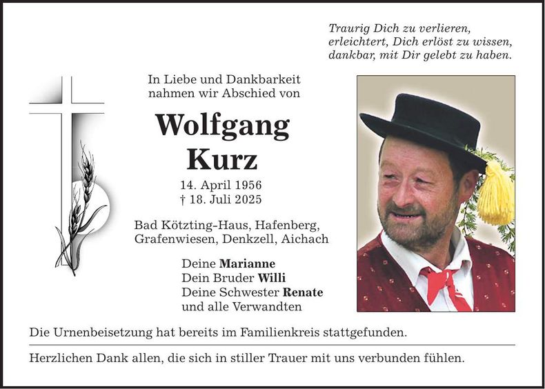 Traueranzeige Wolfgang Kurz