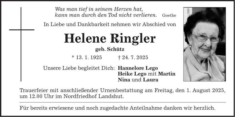 Traueranzeige Helene Ringler