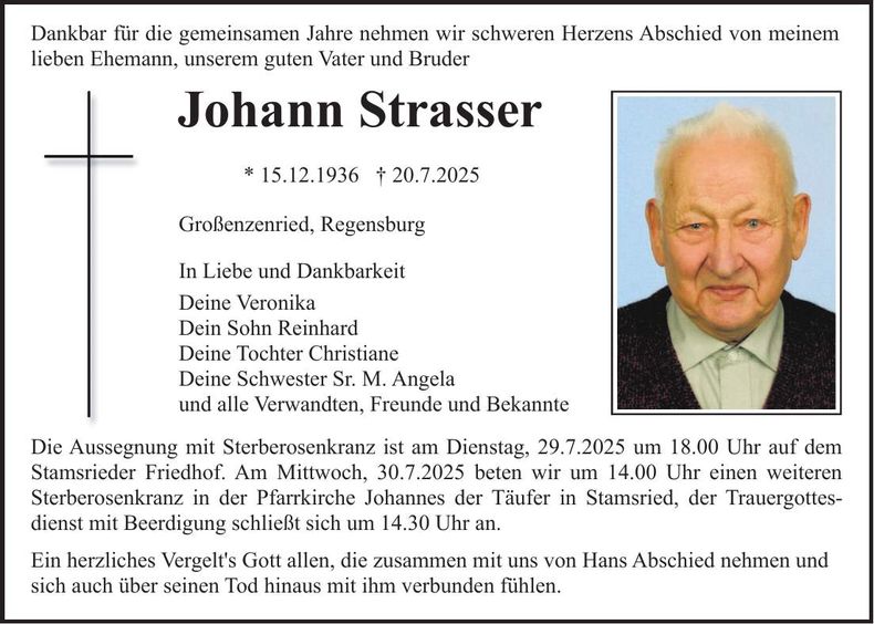 Traueranzeige Johann Strasser
