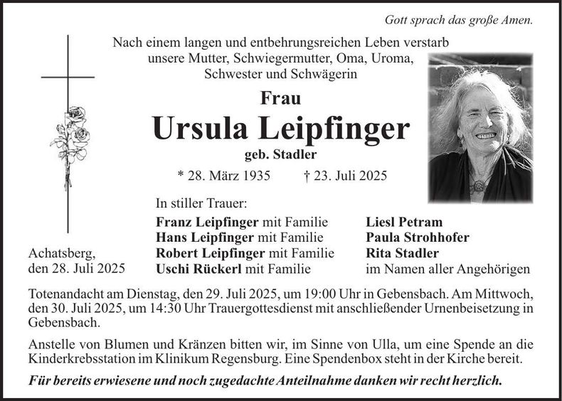 Traueranzeige Ursula Leipfinger