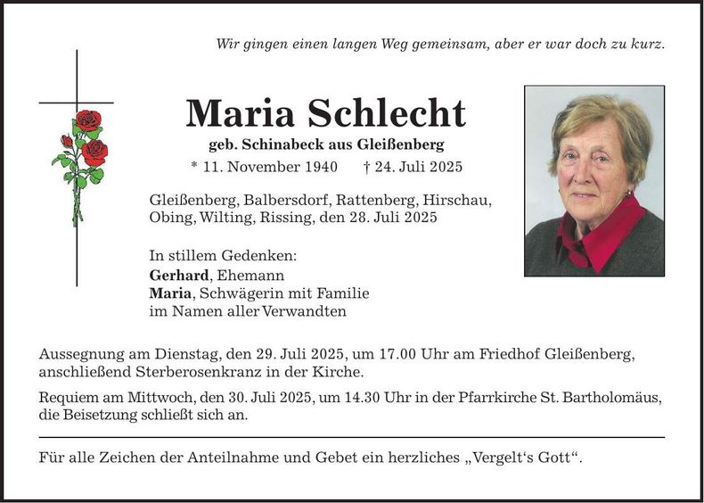 Traueranzeige Maria Schlecht