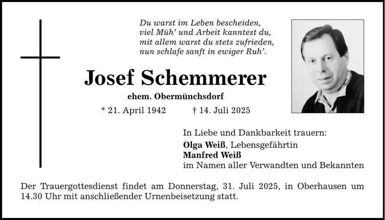 Traueranzeige Josef Schemmerer