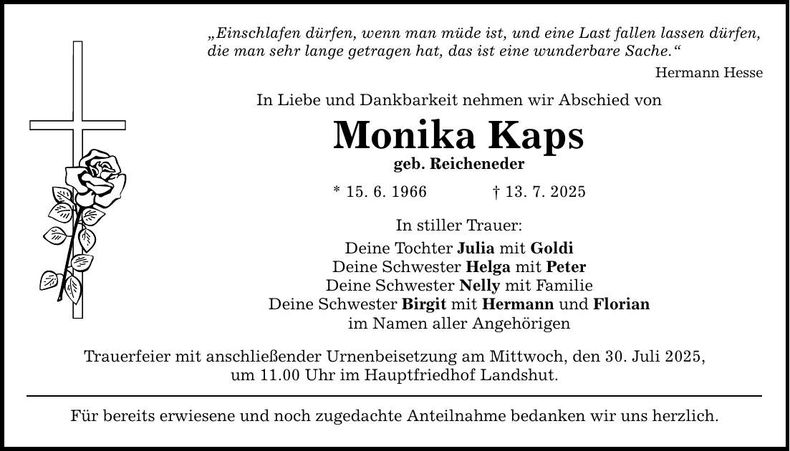 Traueranzeige Monika Kaps