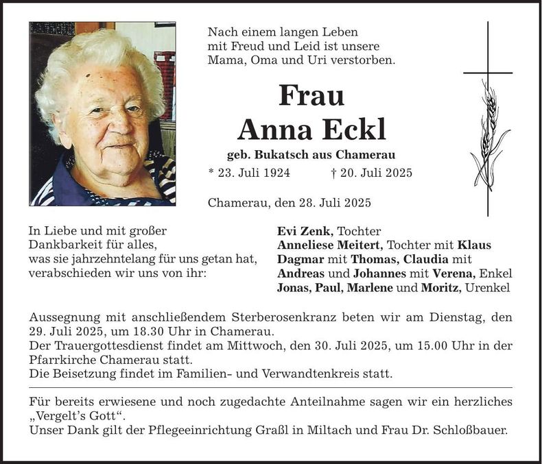 Traueranzeige Anna Eckl