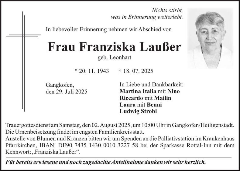 Traueranzeige Franziska Laußer