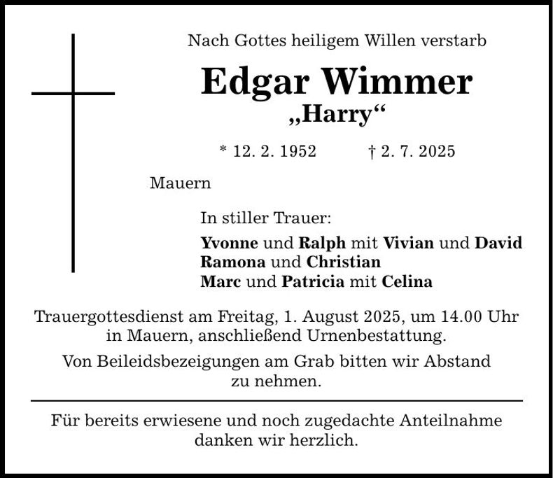 Traueranzeige Edgar Wimmer