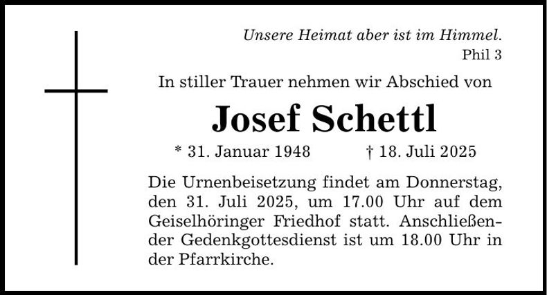 Traueranzeige Josef Schetl