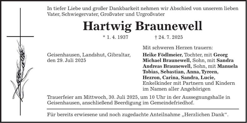 Traueranzeige Hartwig Braunewell