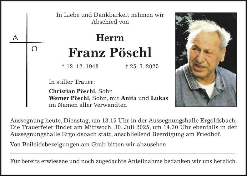 Traueranzeige Franz Pöschl