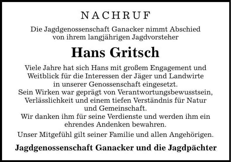 Traueranzeige Hans Gritsch