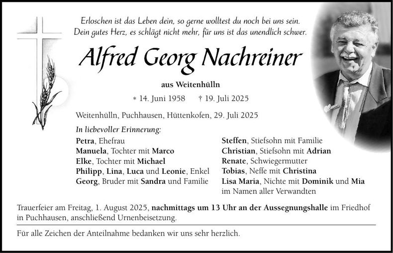 Traueranzeige Alfred Georg Nachreiner