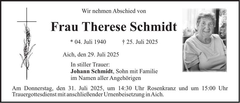 Traueranzeige Therese Schmidt