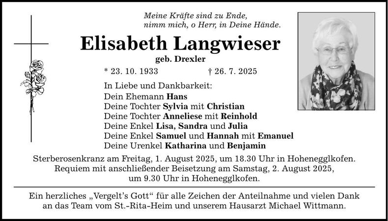 Traueranzeige Elisabeth Langwieserr