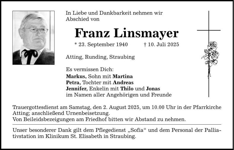 Traueranzeige Franz Linsmayer