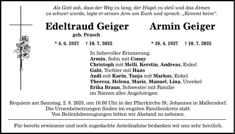 Traueranzeige Edeltraud und Armin Geiger