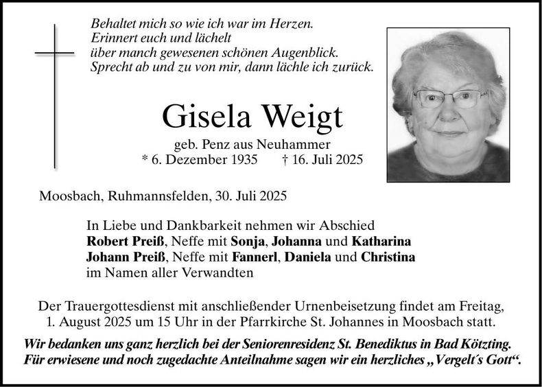 Traueranzeige Weigt Gisela