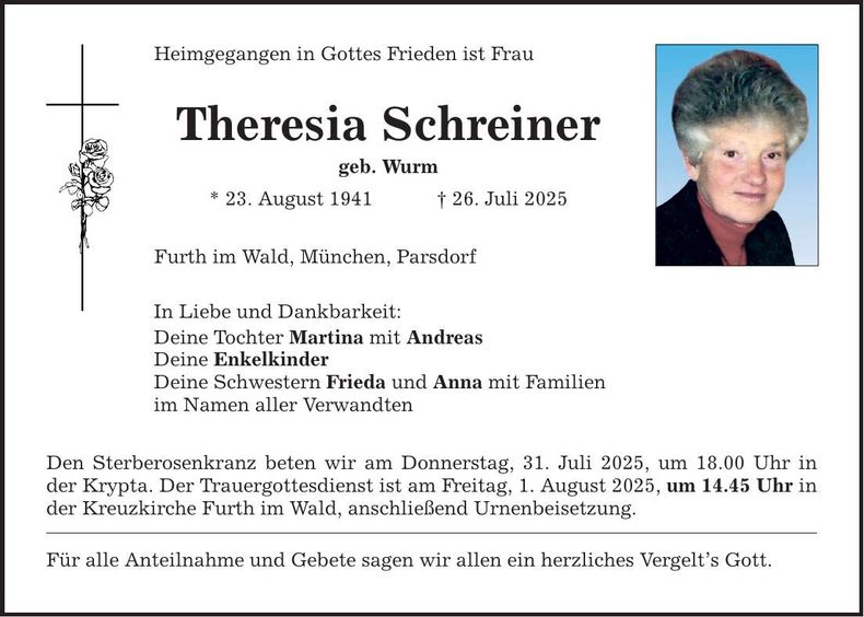 Traueranzeige Theresia Schreiner
