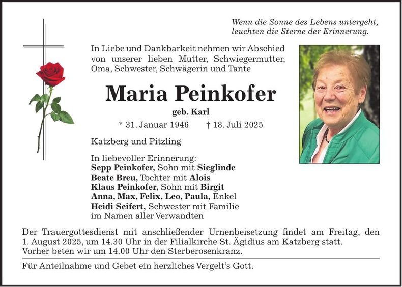 Traueranzeige Maria Peinkofer