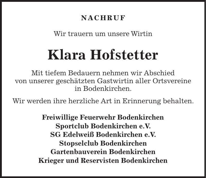 Traueranzeige Klara Hofstetter
