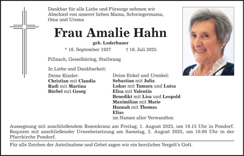 Traueranzeige Amalie Hahn