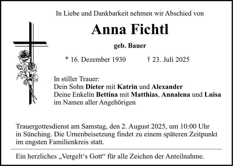 Traueranzeige Anna Fichtl