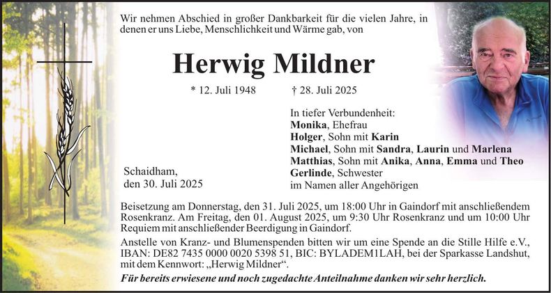 Traueranzeige Herwig Mildner