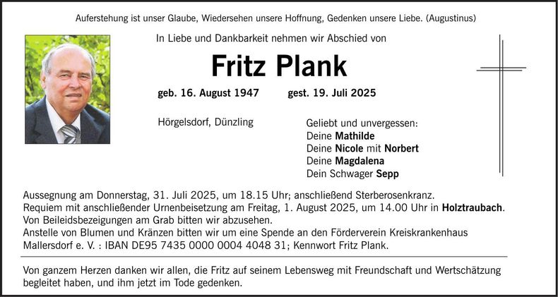 Traueranzeige Fritz Plank