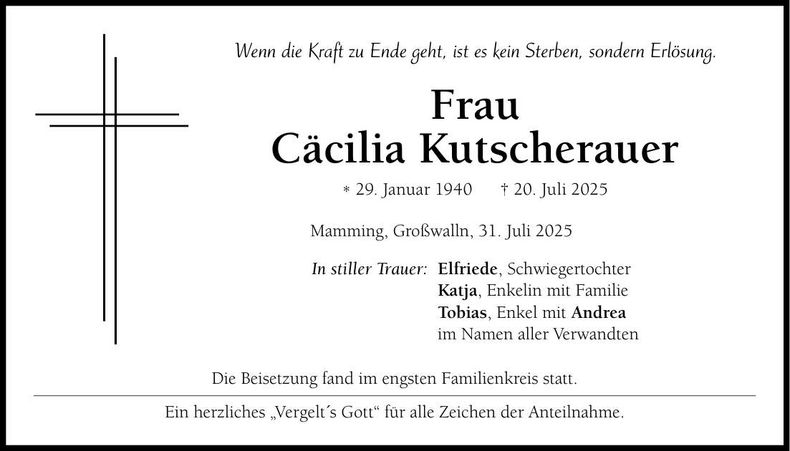 Traueranzeige Cäcilia Kutscherauer