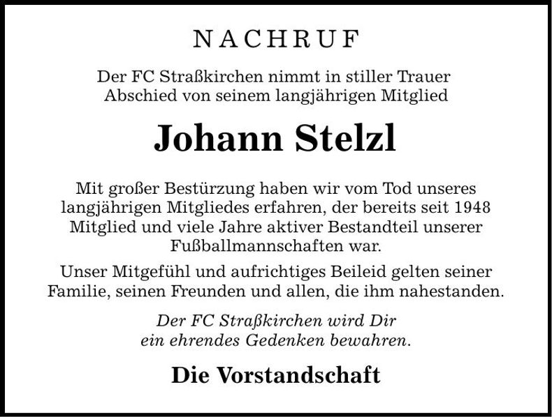 Traueranzeige Johann Stelzl