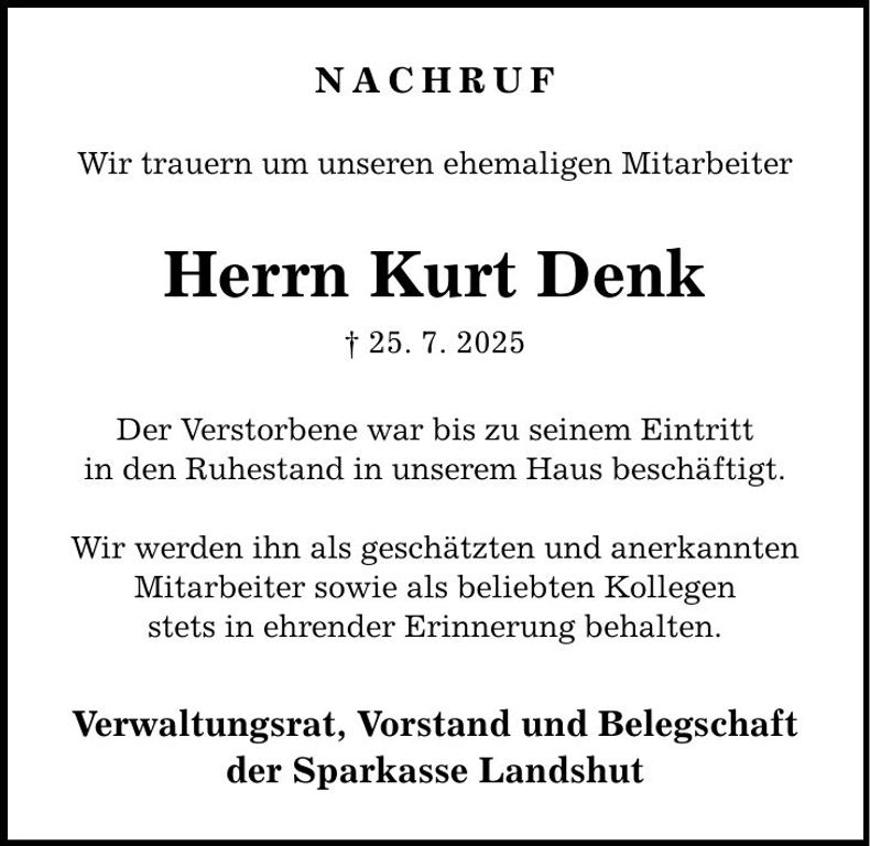Traueranzeige Kurt Denk