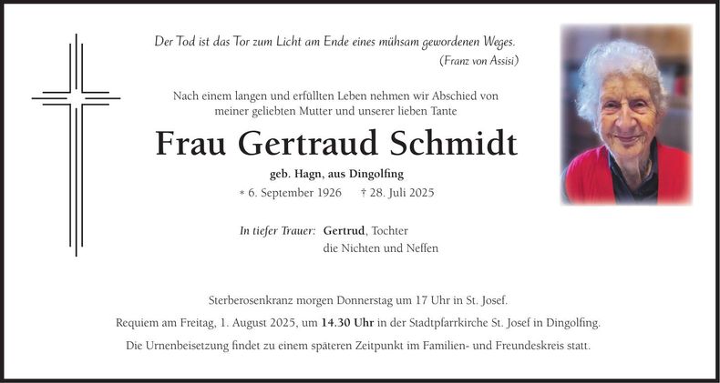 Traueranzeige Gertraud Schmidt