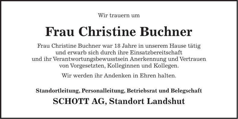 Traueranzeige Christine Buchner