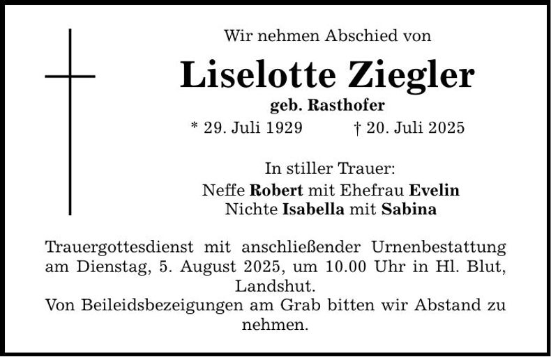 Traueranzeige Liselotte Ziegler