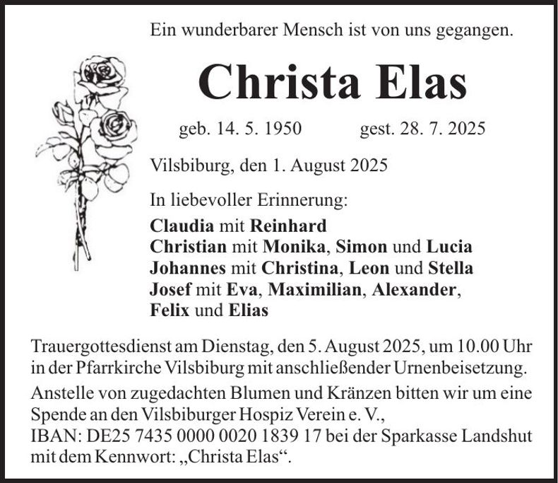 Traueranzeige Christa Elas