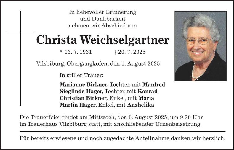 Traueranzeige Christa Weichselgartner