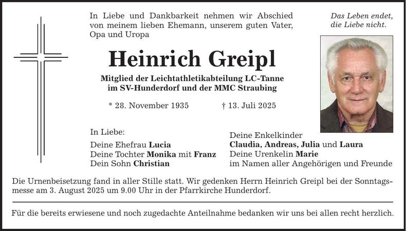 Traueranzeige Heinrich Greipl