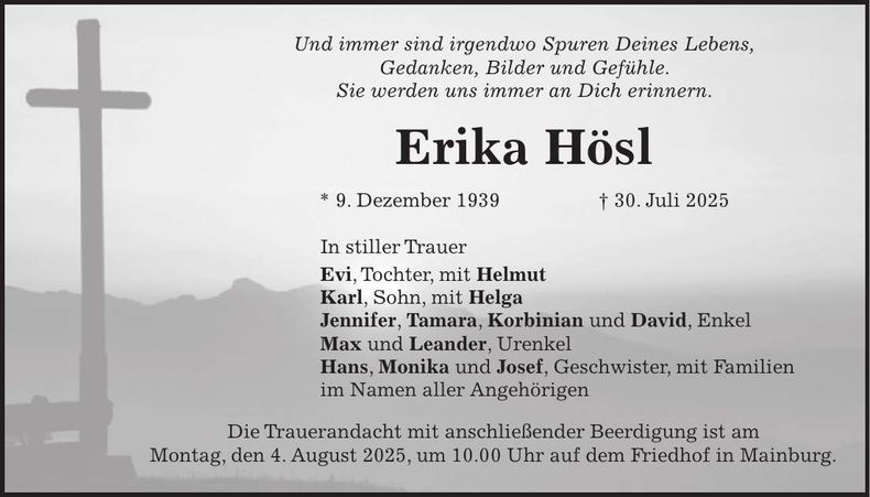 Traueranzeige Erika Hösl