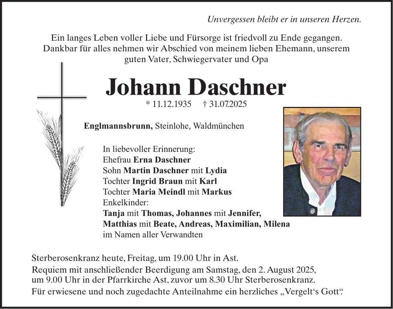 Traueranzeige Johann Daschner