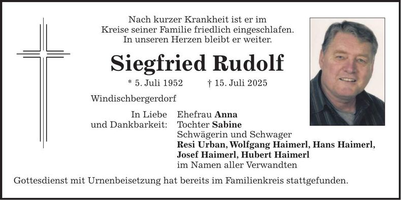 Traueranzeige Siegfried Rudolf