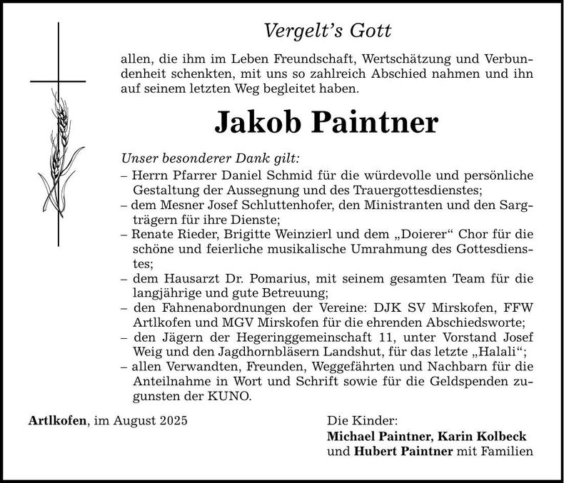 Traueranzeige Jakob Paintner
