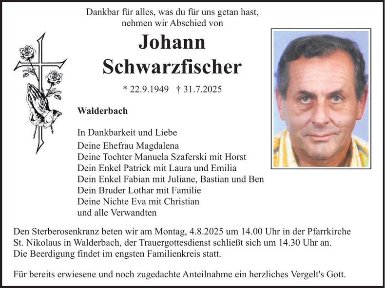 Traueranzeige Johann Schwarzfischer