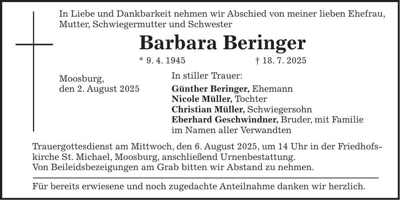 Traueranzeige Barbara Beringer