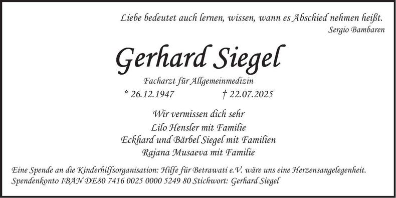 Traueranzeige Gerhard Siegel
